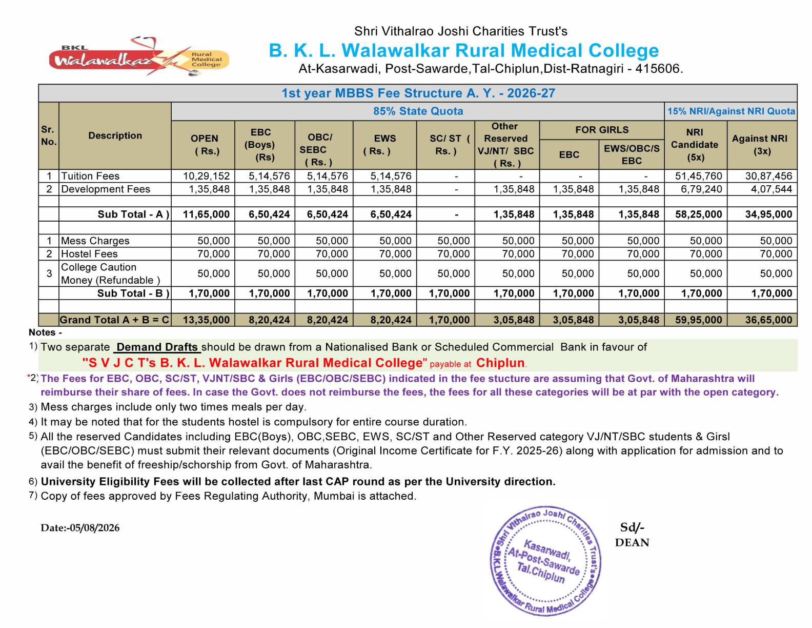 MBBS Fee Structure 2026-27 English